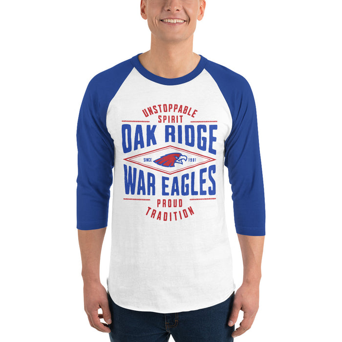 Man wearing Oak Ridge High School War Eagles Unisex 3/4 sleeve Raglan T-shirt 210 royal