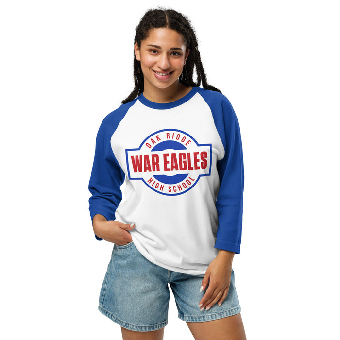 Woman wearing Oak Ridge High School War Eagles Unisex 3/4 sleeve Raglan T-shirt 011 royal