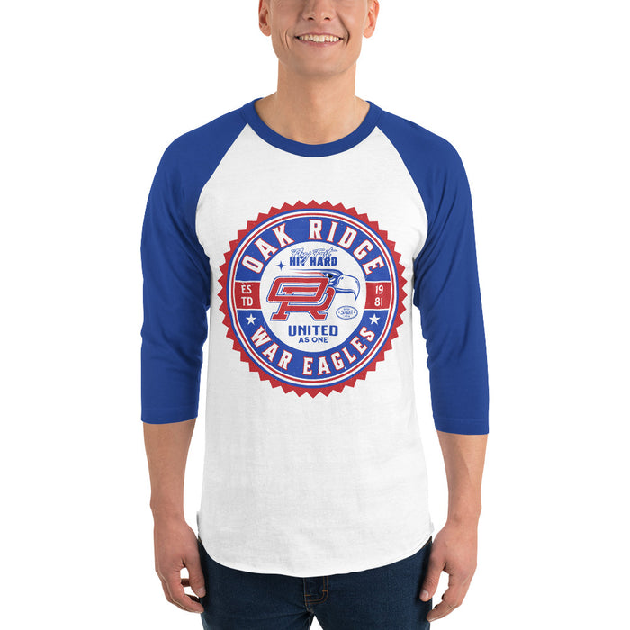 Man wearing Oak Ridge High School War Eagles Unisex 3/4 sleeve Raglan T-shirt 203 royal