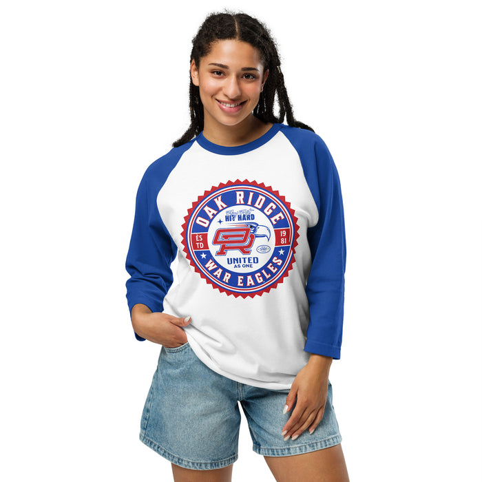 Woman wearing Oak Ridge High School War Eagles Unisex 3/4 sleeve Raglan T-shirt 203 royal