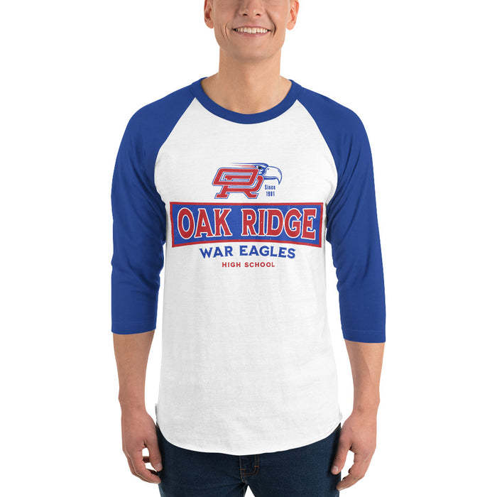 Man wearing Oak Ridge High School War Eagles Unisex 3/4 sleeve Raglan T-shirt 202 royal