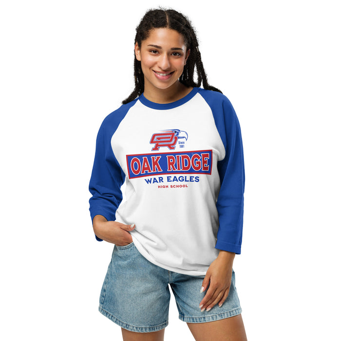 Woman wearing Oak Ridge High School War Eagles Unisex 3/4 sleeve Raglan T-shirt 202 royal