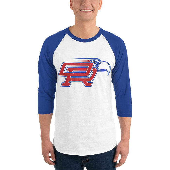Man wearing Oak Ridge High School War Eagles Unisex 3/4 sleeve Raglan T-shirt 200 royal