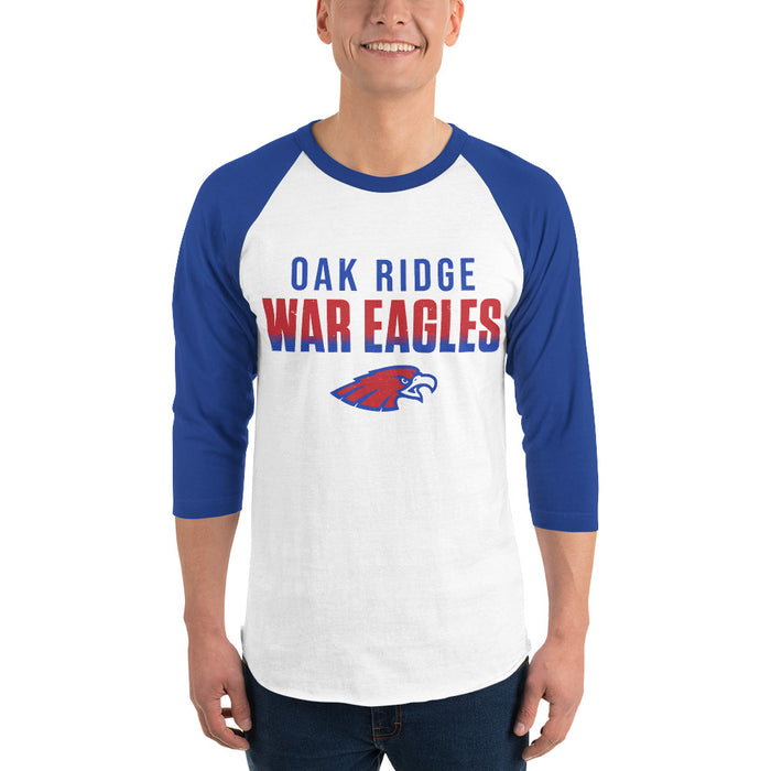 Man wearing Oak Ridge High School War Eagles Unisex 3/4 sleeve Raglan T-shirt 024 - Royal