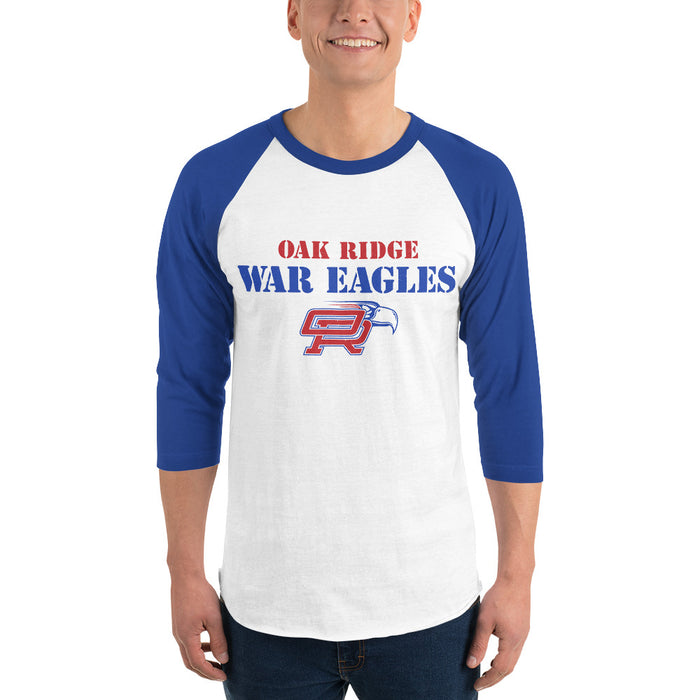 Man wearing Oak Ridge High School War Eagles Unisex 3/4 sleeve Raglan T-shirt 017 - Royal