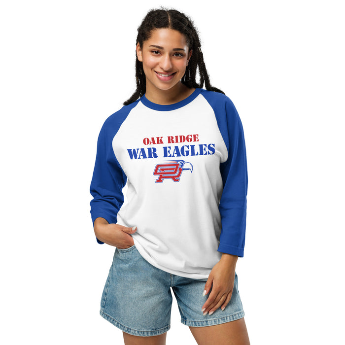 Woman wearing Oak Ridge High School War Eagles Unisex 3/4 sleeve Raglan T-shirt 017 - Royal