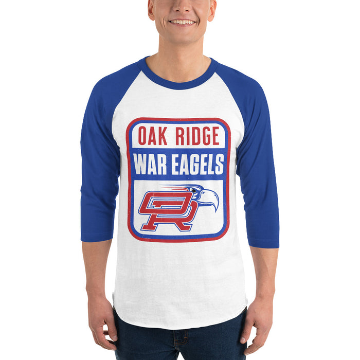 Man wearing Oak Ridge High School War Eagles Unisex 3/4 sleeve Raglan T-shirt 001 - Royal