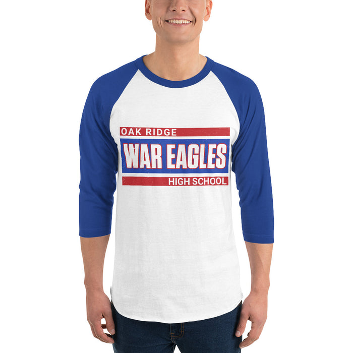 Man wearing Oak Ridge High School War Eagles Unisex 3/4 sleeve Raglan T-shirt 098 - royal