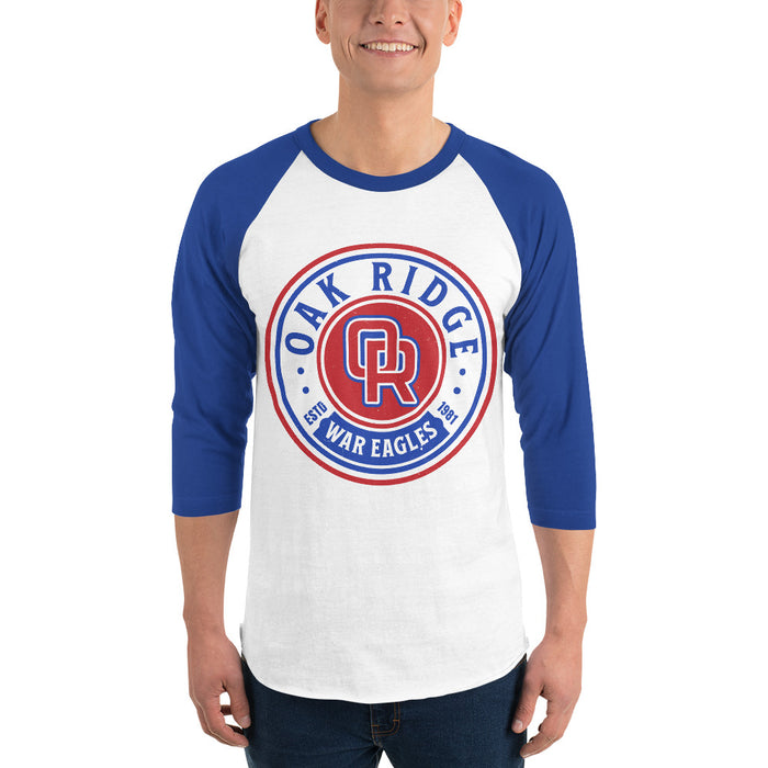 Man wearing Oak Ridge High School War Eagles Unisex 3/4 sleeve Raglan T-shirt 220 royal