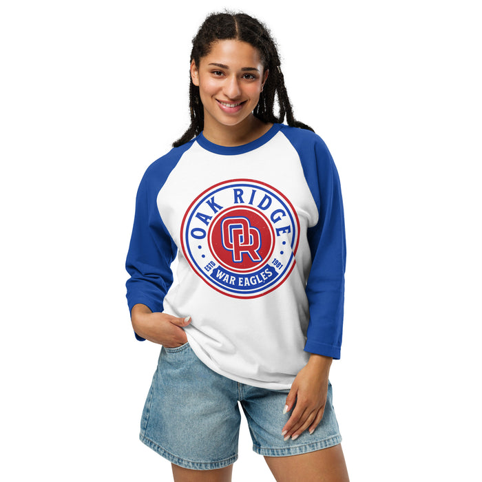 Woman wearing Oak Ridge High School War Eagles Unisex 3/4 sleeve Raglan T-shirt 220 royal