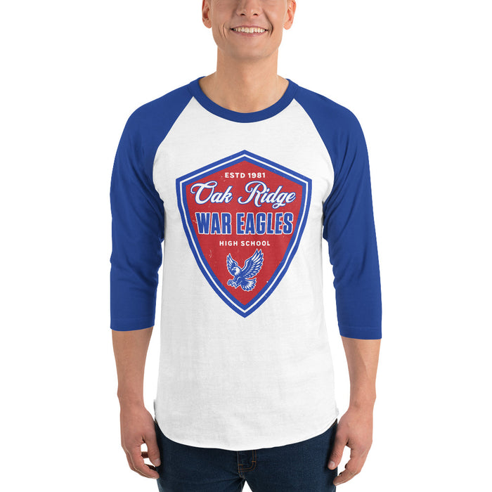 Man wearing Oak Ridge High School War Eagles Unisex 3/4 sleeve Raglan T-shirt 225 royal