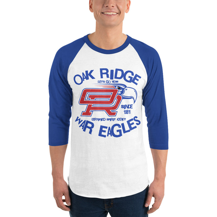 Man wearing Oak Ridge High School War Eagles Unisex 3/4 sleeve Raglan T-shirt 228 royal