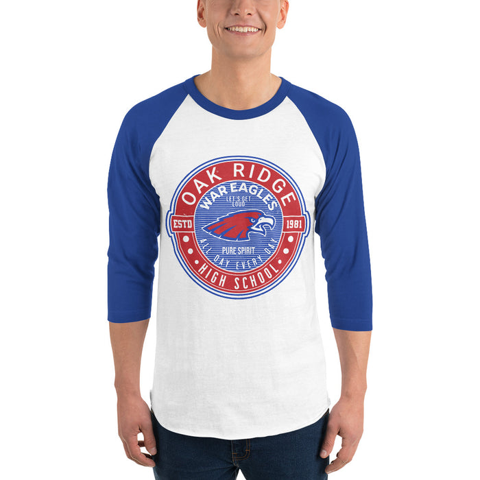 Man wearing Oak Ridge High School War Eagles Unisex 3/4 sleeve Raglan T-shirt 224 royal