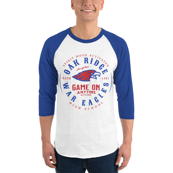 Man wearing Oak Ridge High School War Eagles Unisex 3/4 sleeve Raglan T-shirt 214 royal
