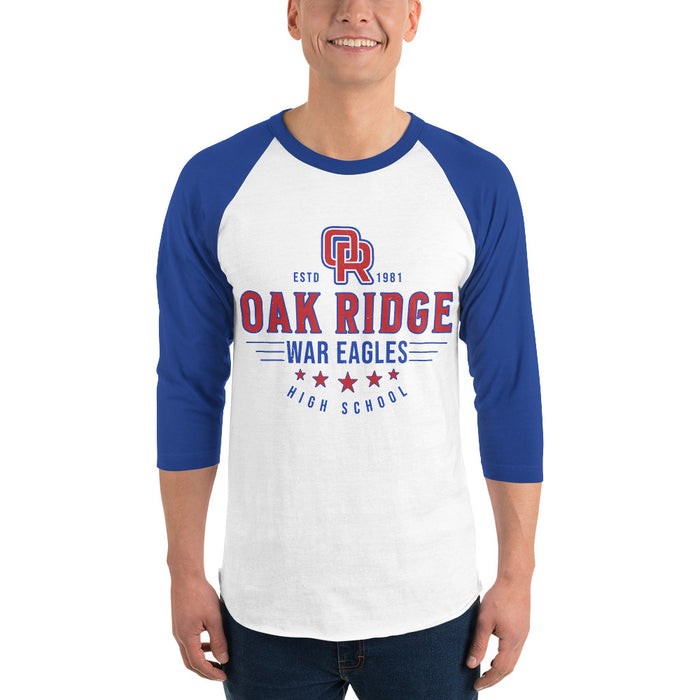 Man wearing Oak Ridge High School War Eagles Unisex 3/4 sleeve Raglan T-shirt 217 royal