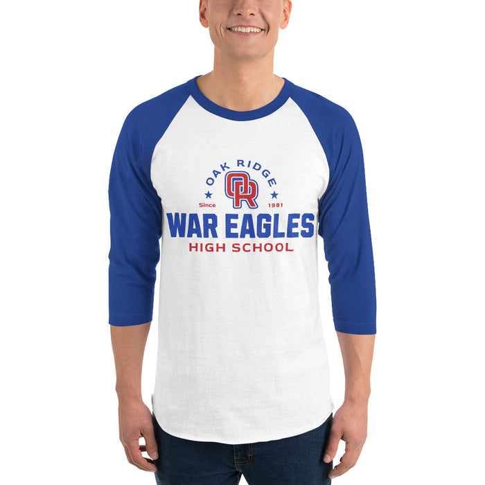Man wearing Oak Ridge High School War Eagles Unisex 3/4 sleeve Raglan T-shirt 222 royal