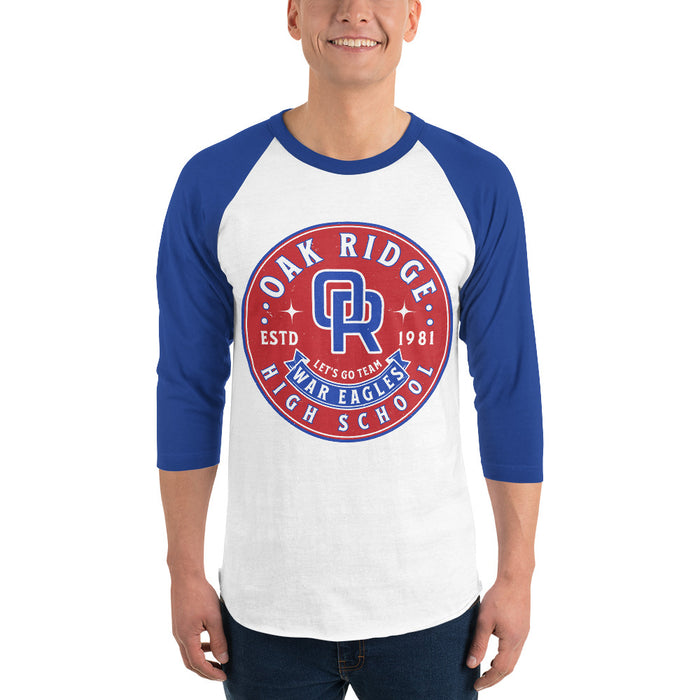 Man wearing Oak Ridge High School War Eagles Unisex 3/4 sleeve Raglan T-shirt 215 royal