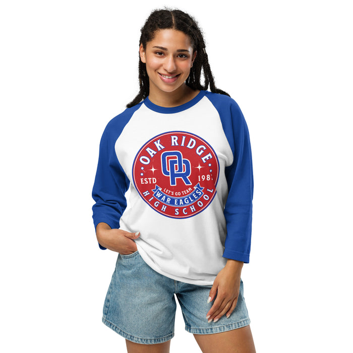Woman wearing Oak Ridge High School War Eagles Unisex 3/4 sleeve Raglan T-shirt 215 royal