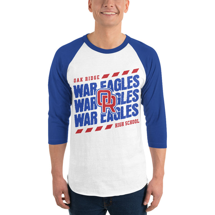 Man wearing Oak Ridge High School War Eagles Unisex 3/4 sleeve Raglan T-shirt 223 royal