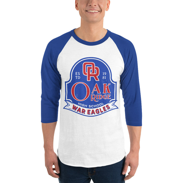 Man wearing Oak Ridge High School War Eagles Unisex 3/4 sleeve Raglan T-shirt 219 royal