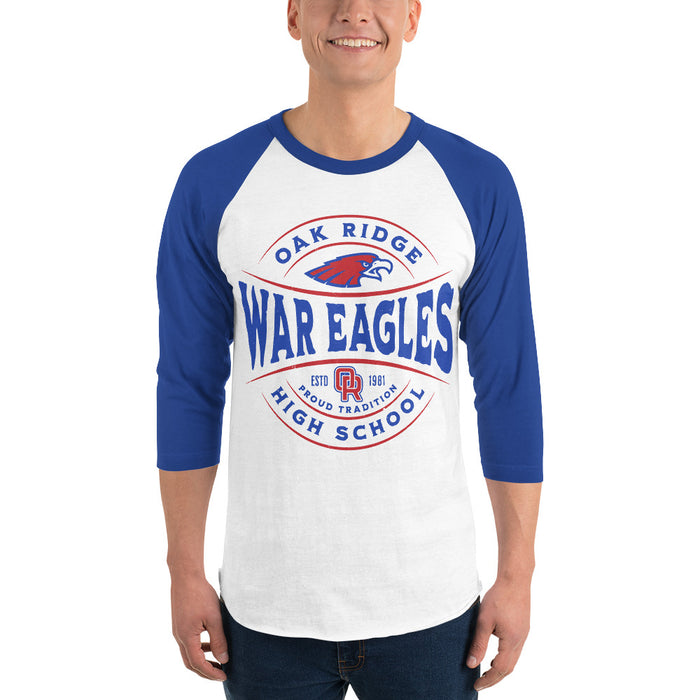 Man wearing Oak Ridge High School War Eagles Unisex 3/4 sleeve Raglan T-shirt 218 royal