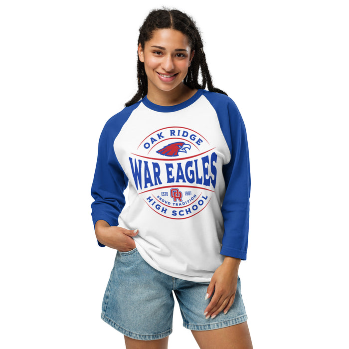 Woman wearing Oak Ridge High School War Eagles Unisex 3/4 sleeve Raglan T-shirt 218 royal