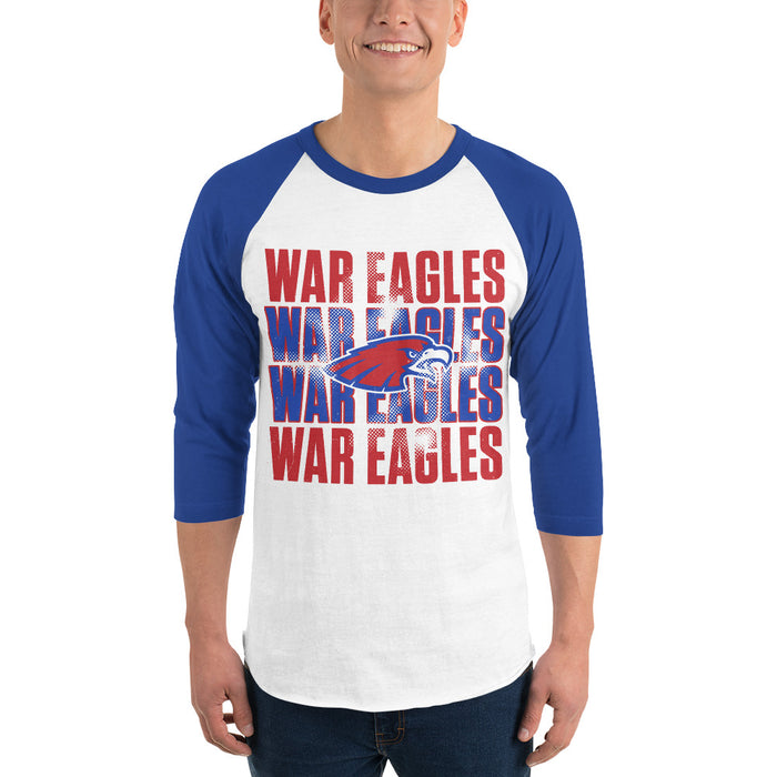 Man wearing Oak Ridge High School War Eagles Unisex 3/4 sleeve Raglan T-shirt 233 royal