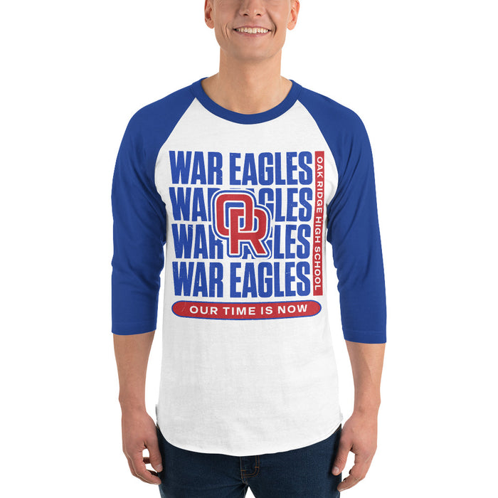 Man wearing Oak Ridge High School War Eagles Unisex 3/4 sleeve Raglan T-shirt 235 royal