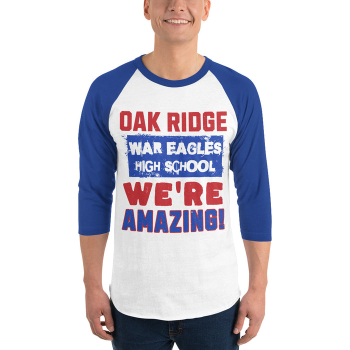 Man wearing Oak Ridge High School War Eagles Unisex 3/4 sleeve Raglan T-shirt 231 royal 