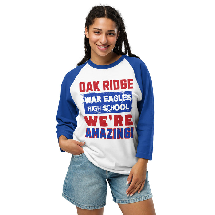 Woman wearing Oak Ridge High School War Eagles Unisex 3/4 sleeve Raglan T-shirt 231 royal