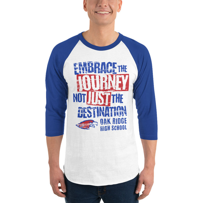 Man wearing Oak Ridge High School War Eagles Unisex 3/4 sleeve Raglan T-shirt 232 royal