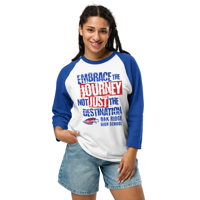 Woman wearing Oak Ridge High School War Eagles Unisex 3/4 sleeve Raglan T-shirt 232 royal