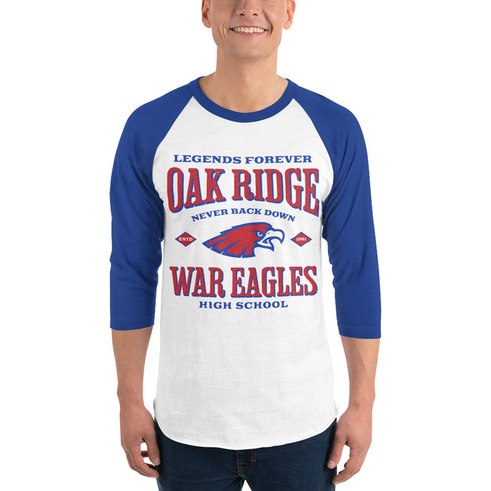 Man wearing Oak Ridge High School War Eagles Unisex 3/4 sleeve Raglan T-shirt 230 royal