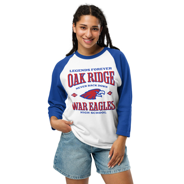 Woman wearing Oak Ridge High School War Eagles Unisex 3/4 sleeve Raglan T-shirt 230 royal