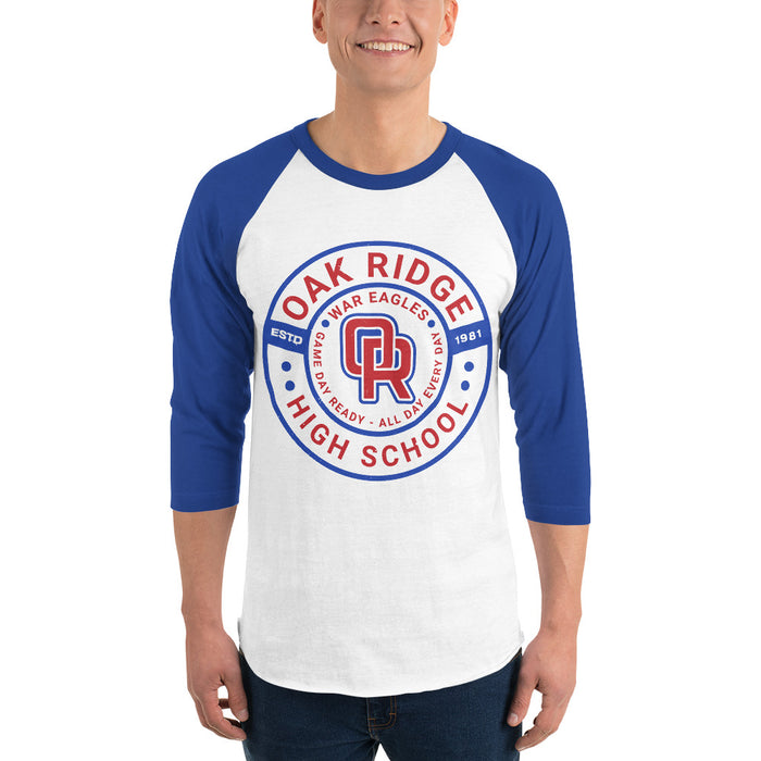 Man wearing Oak Ridge High School War Eagles Unisex 3/4 sleeve Raglan T-shirt 239 royal