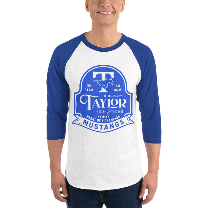 Man wearing Taylor High School Mustangs Unisex 3/4 sleeve Raglan T-shirt 219