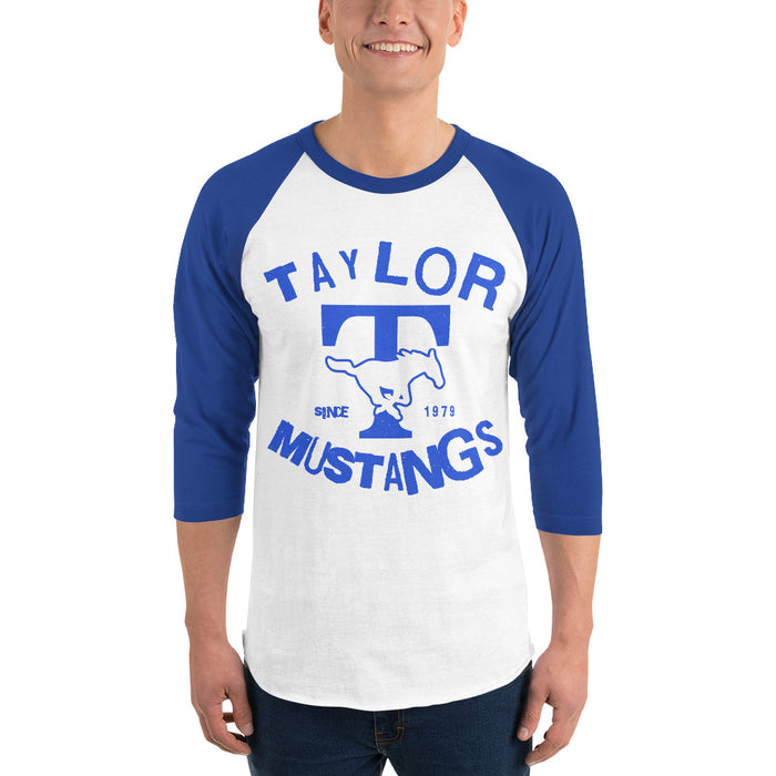 Man wearing Taylor High School Mustangs Unisex 3/4 sleeve Raglan T-shirt 228