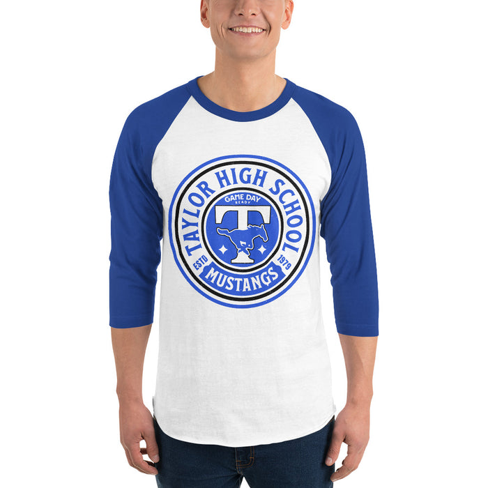 Man wearing Taylor High School Mustangs Unisex 3/4 sleeve Raglan T-shirt 220