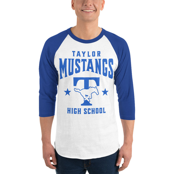 Man wearing Taylor High School Mustangs Unisex 3/4 sleeve Raglan T-shirt 213
