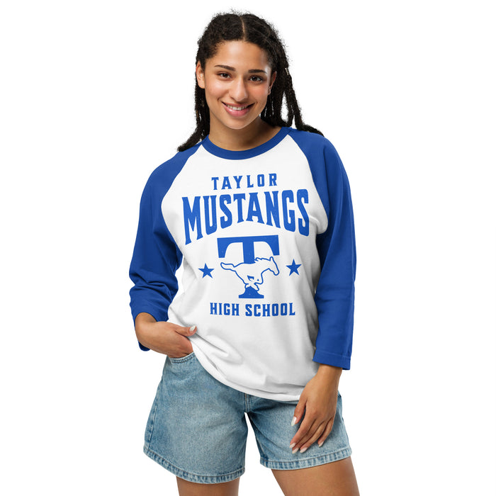 Woman wearing Taylor High School Mustangs Unisex 3/4 sleeve Raglan T-shirt 213