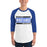 Man wearing Taylor High School Mustangs Unisex 3/4 sleeve Raglan T-shirt 098