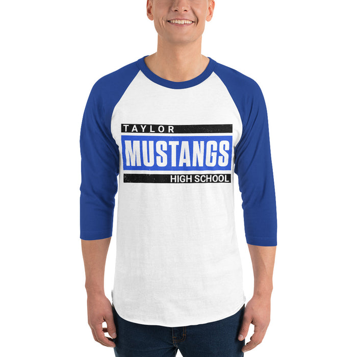 Man wearing Taylor High School Mustangs Unisex 3/4 sleeve Raglan T-shirt 098