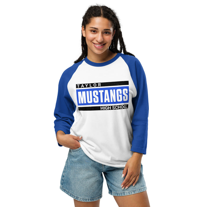Woman wearing Taylor High School Mustangs Unisex 3/4 sleeve Raglan T-shirt 098