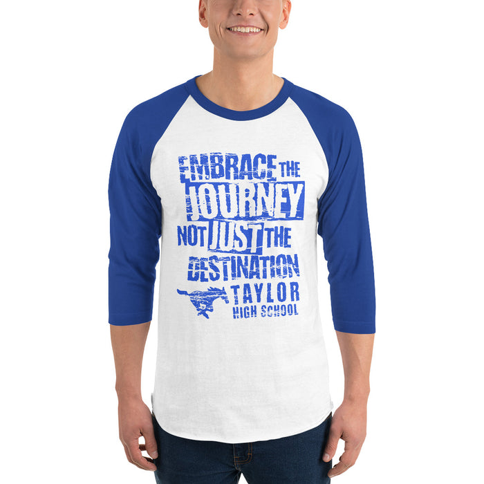 Man wearing Taylor High School Mustangs Unisex 3/4 sleeve Raglan T-shirt 232