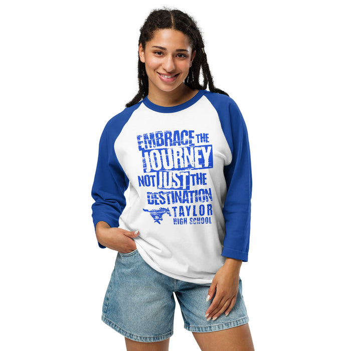 Woman wearing Taylor High School Mustangs Unisex 3/4 sleeve Raglan T-shirt 232