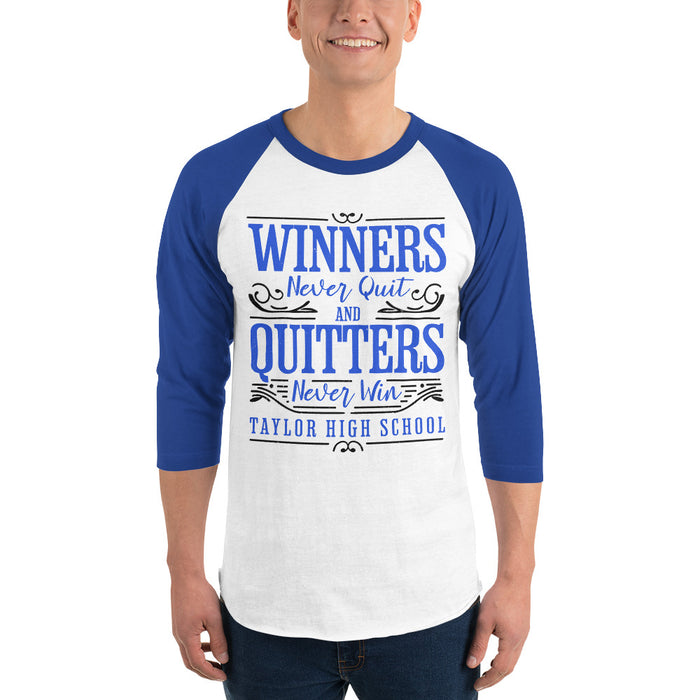 Man wearing Taylor High School Mustangs Unisex 3/4 sleeve Raglan T-shirt 237