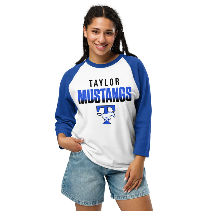 Woman wearing Taylor High School Mustangs Unisex 3/4 sleeve Raglan T-shirt 024