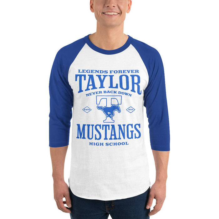 Man wearing Taylor High School Mustangs Unisex 3/4 sleeve Raglan T-shirt 230