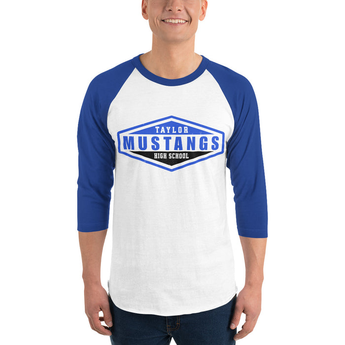 Man wearing Taylor High School Mustangs Unisex 3/4 sleeve Raglan T-shirt 009