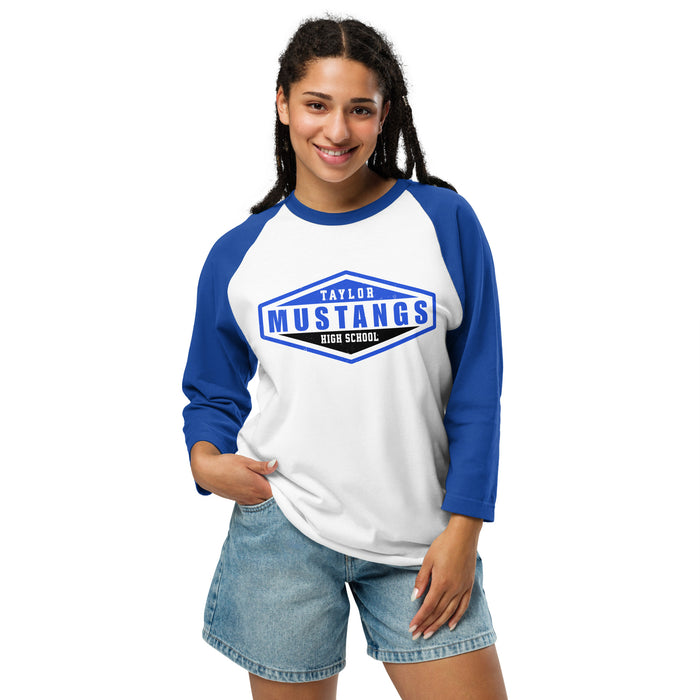 Woman wearing Taylor High School Mustangs Unisex 3/4 sleeve Raglan T-shirt 009